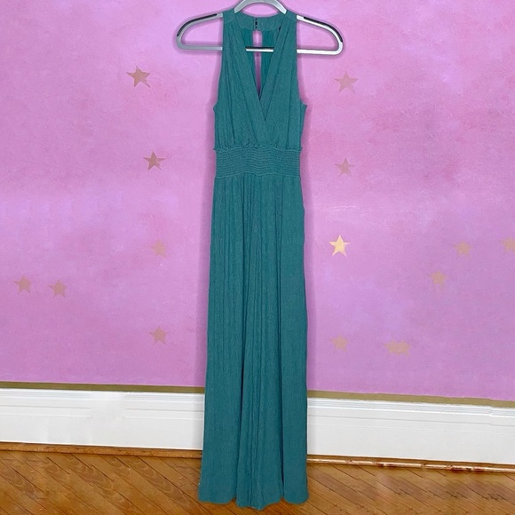 Anthropologie Bionda Plisse Jumpsuit Green Sleeveless Smocked Wide Leg Size XS - Picture 2 of 14